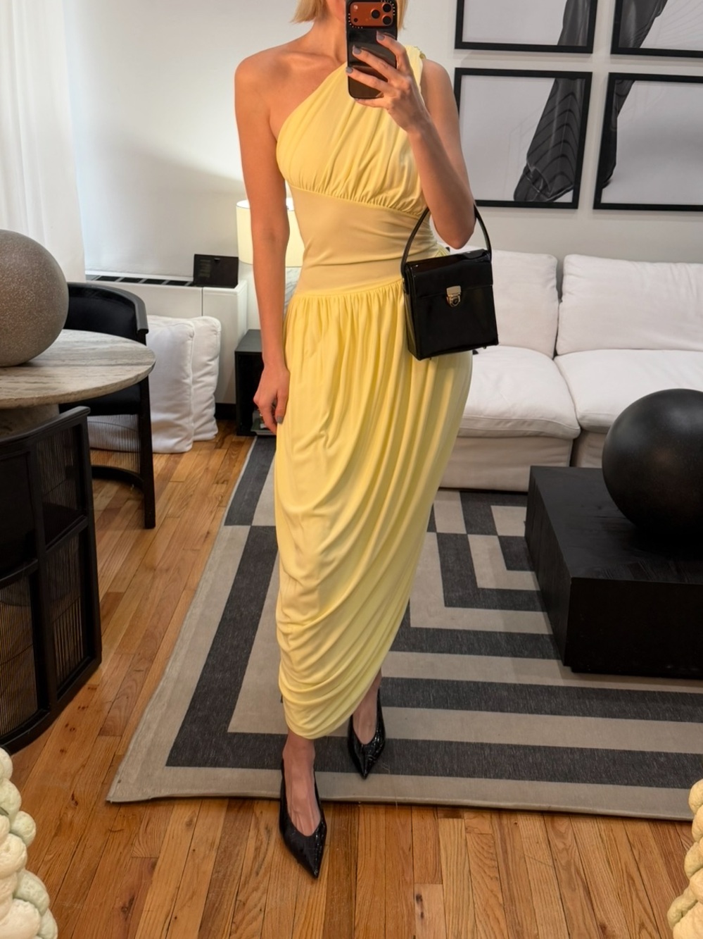HELSA One-Shoulder Lemon Yellow Draped Midi Dress